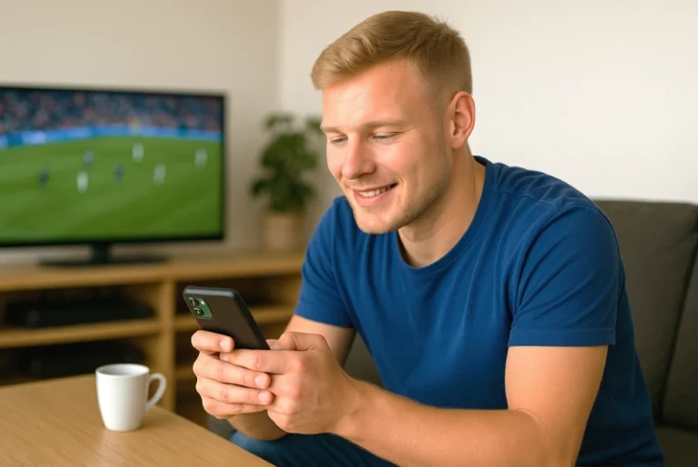 man som bettar på fotboll på sin telefon